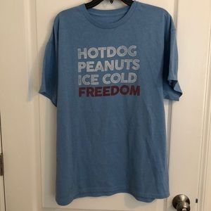 Blue “Hot Dogs Peanuts Ice Cold Freedom” t-shirt